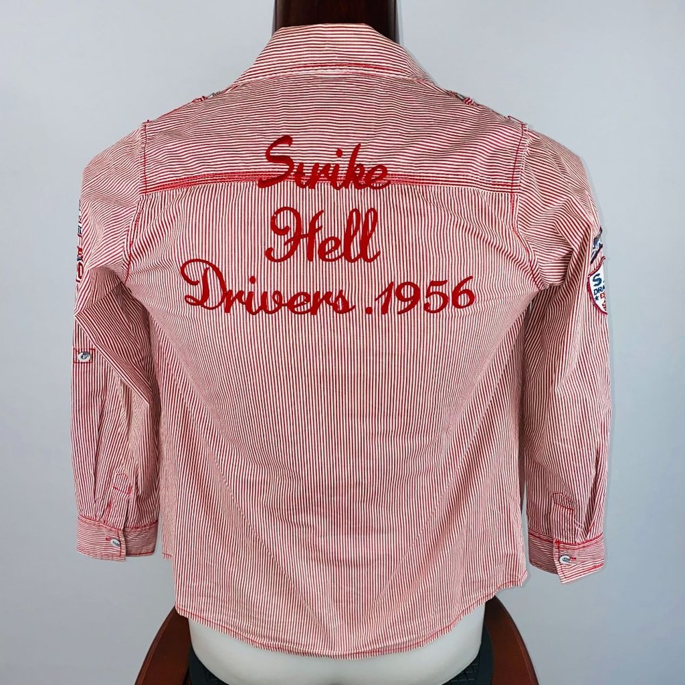 Strike Button Down Dragster Casual Dress Shirt Red Embroidery Patches - Picture 6 of 9